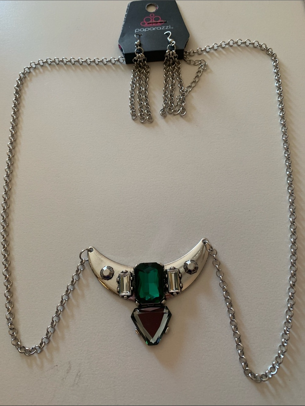 Paparazzi Silver Necklace with Emerald and Teal Stones -+ earrings